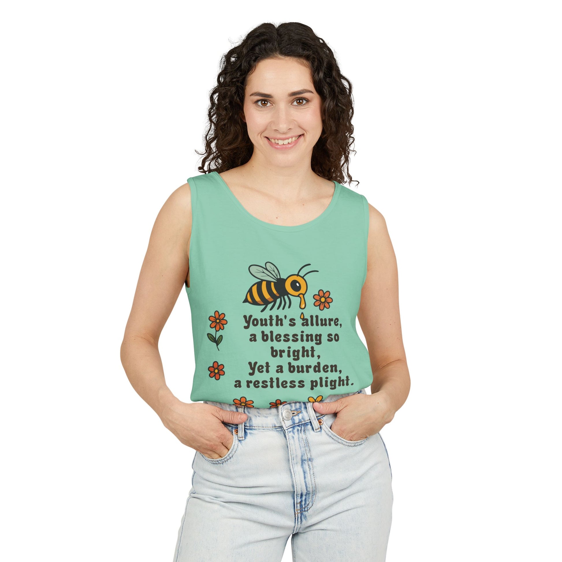 Bee-Inspired Garment-Dyed Tank Top, Youthful Vibe, Summer Wear, Gift for Her, Nature Lover's Apparel, Floral Design