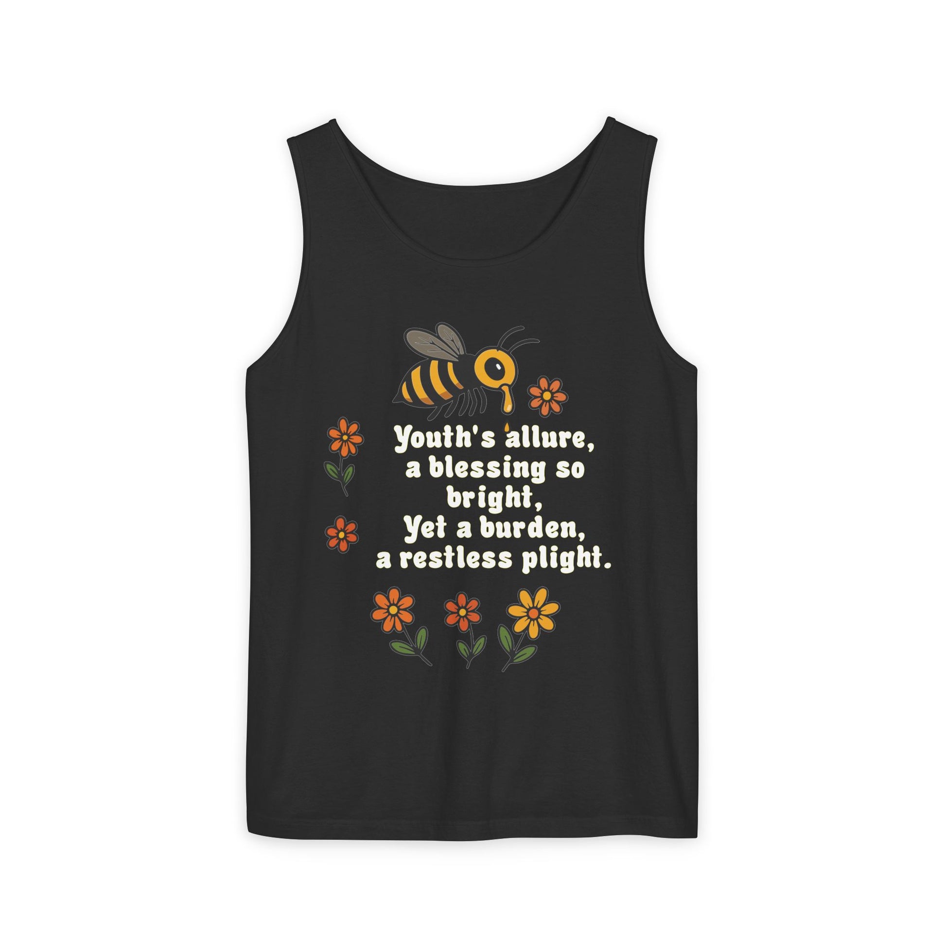 Bee-Inspired Garment-Dyed Tank Top, Youthful Vibe, Summer Wear, Gift for Her, Nature Lover's Apparel, Floral Design