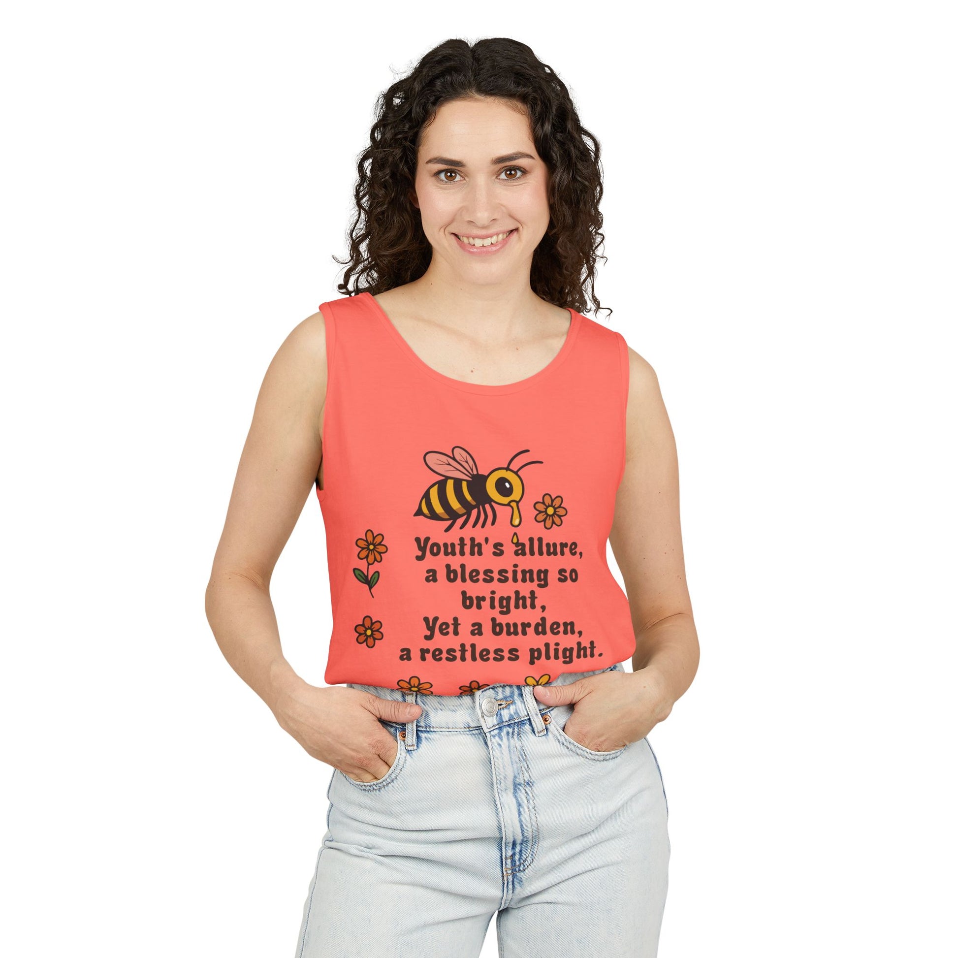 Bee-Inspired Garment-Dyed Tank Top, Youthful Vibe, Summer Wear, Gift for Her, Nature Lover's Apparel, Floral Design