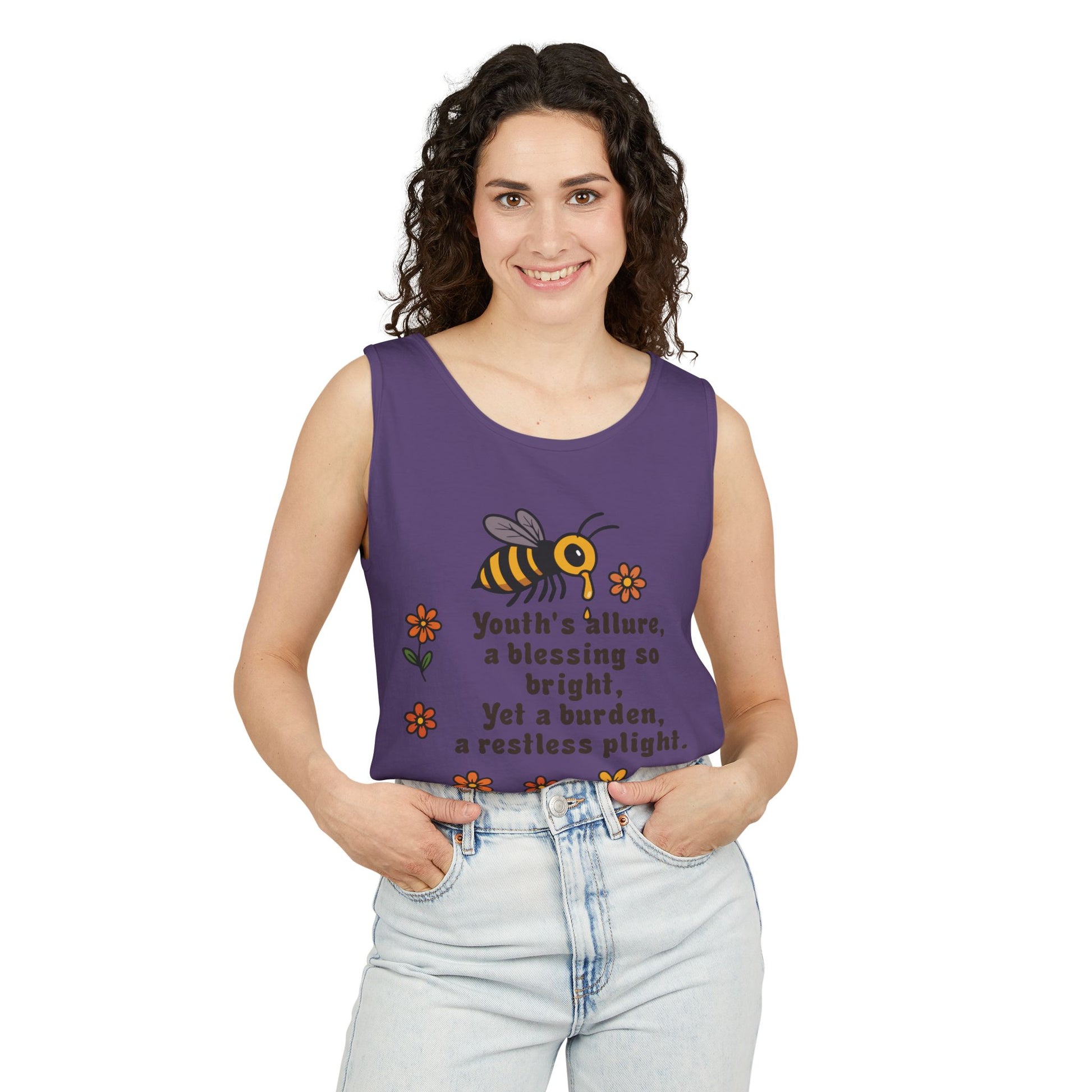 Bee-Inspired Garment-Dyed Tank Top, Youthful Vibe, Summer Wear, Gift for Her, Nature Lover's Apparel, Floral Design