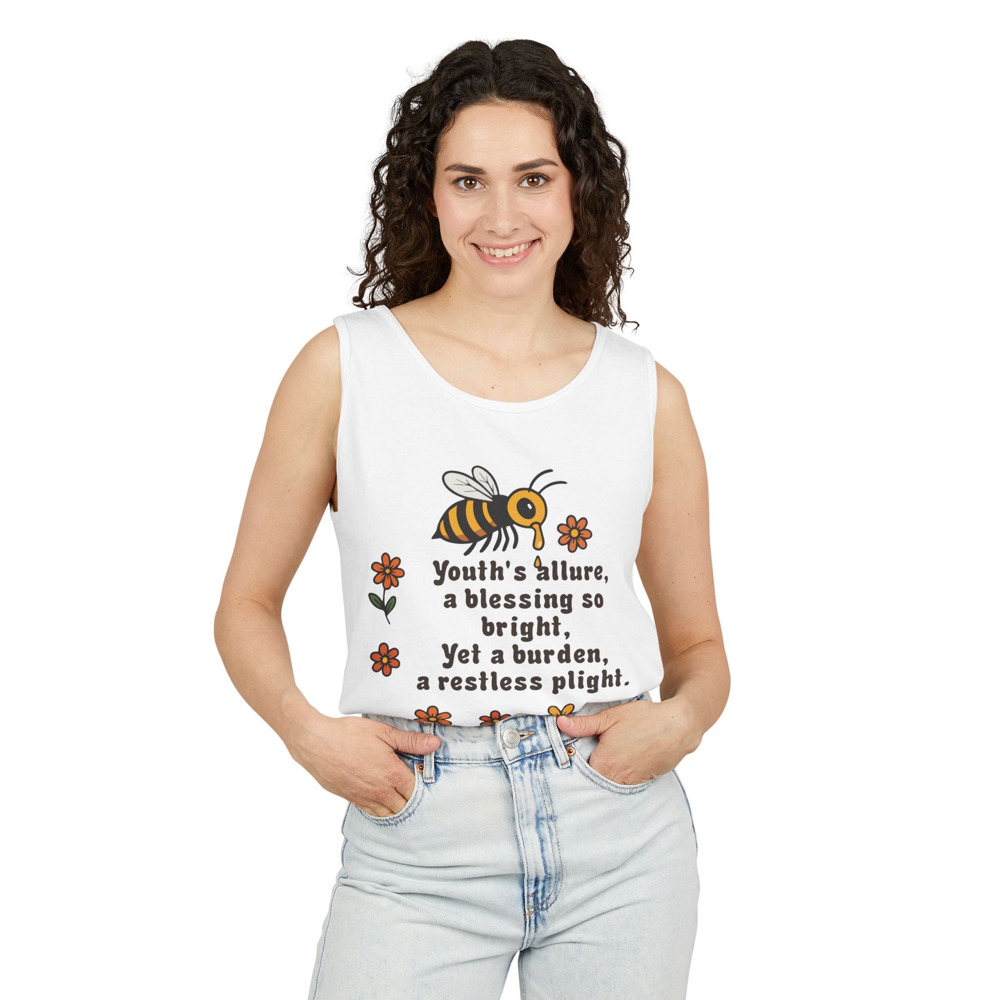 Bee-Inspired Garment-Dyed Tank Top, Youthful Vibe, Summer Wear, Gift for Her, Nature Lover's Apparel, Floral Design