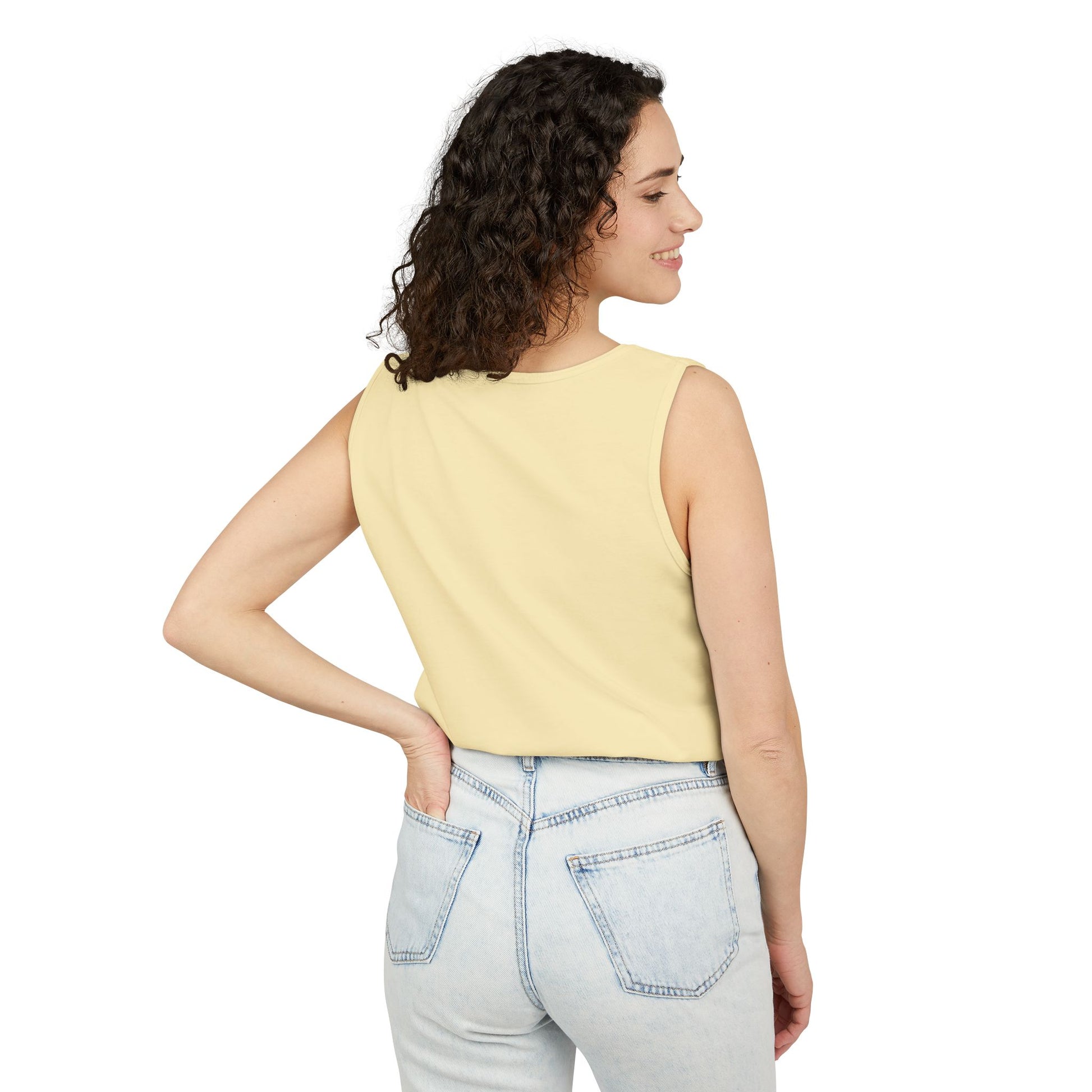 Bee-Inspired Garment-Dyed Tank Top, Youthful Vibe, Summer Wear, Gift for Her, Nature Lover's Apparel, Floral Design