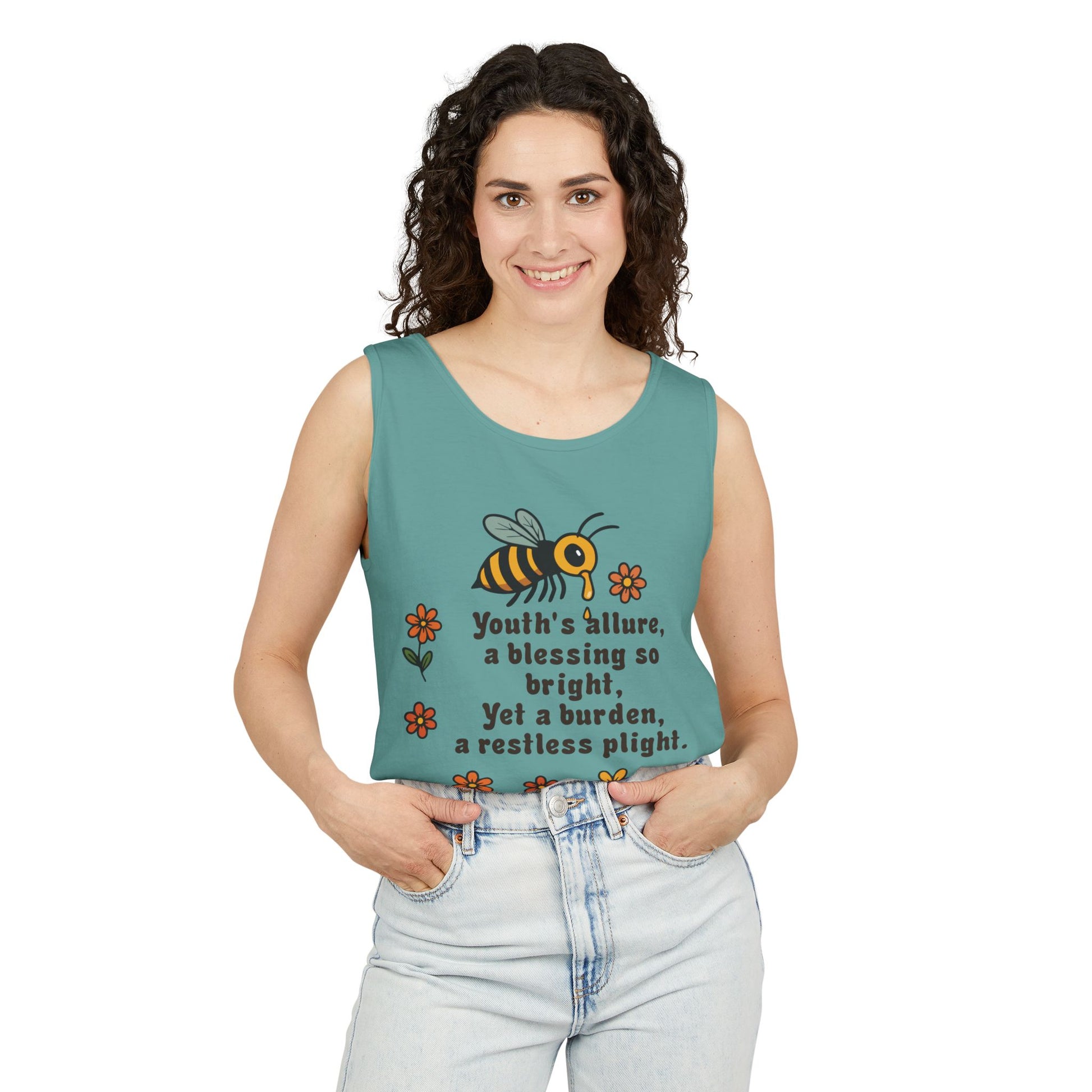 Bee-Inspired Garment-Dyed Tank Top, Youthful Vibe, Summer Wear, Gift for Her, Nature Lover's Apparel, Floral Design