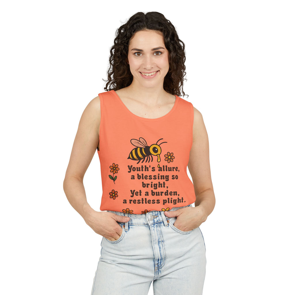 Bee-Inspired Garment-Dyed Tank Top, Youthful Vibe, Summer Wear, Gift for Her, Nature Lover's Apparel, Floral Design