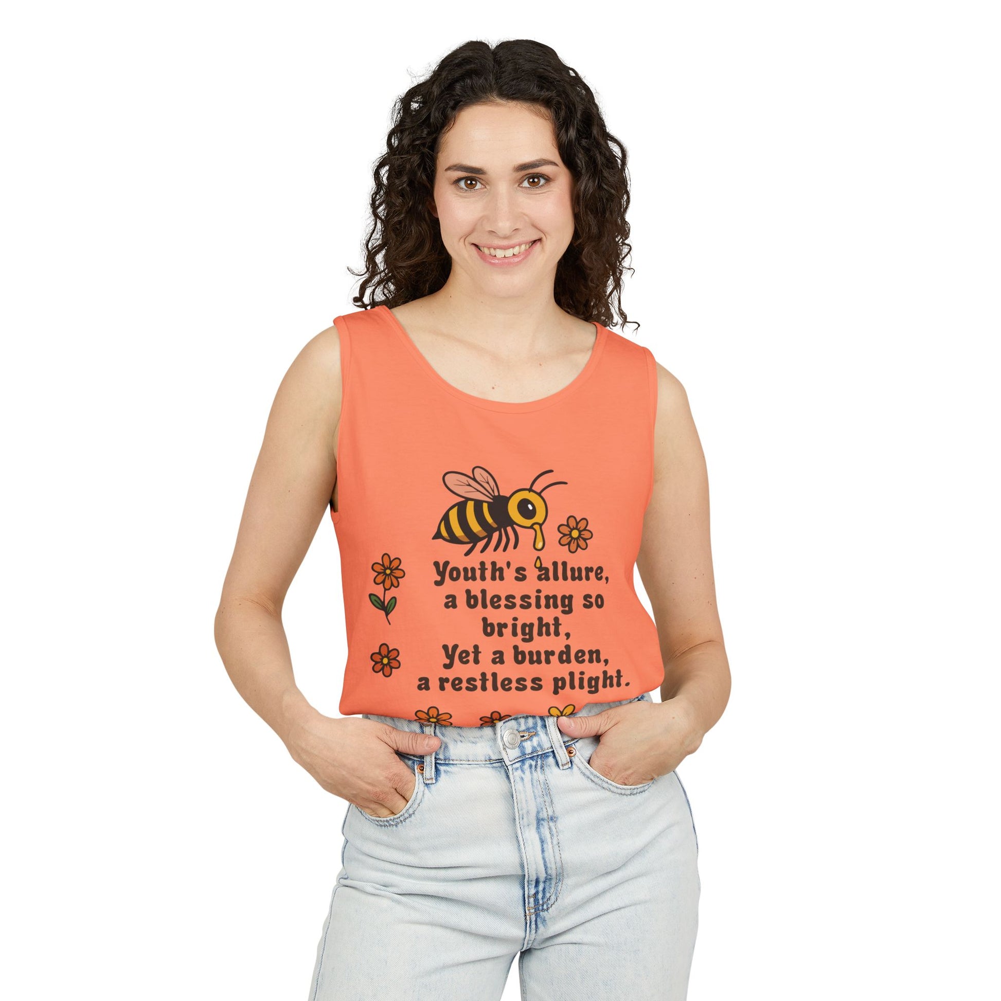 Bee-Inspired Garment-Dyed Tank Top, Youthful Vibe, Summer Wear, Gift for Her, Nature Lover's Apparel, Floral Design