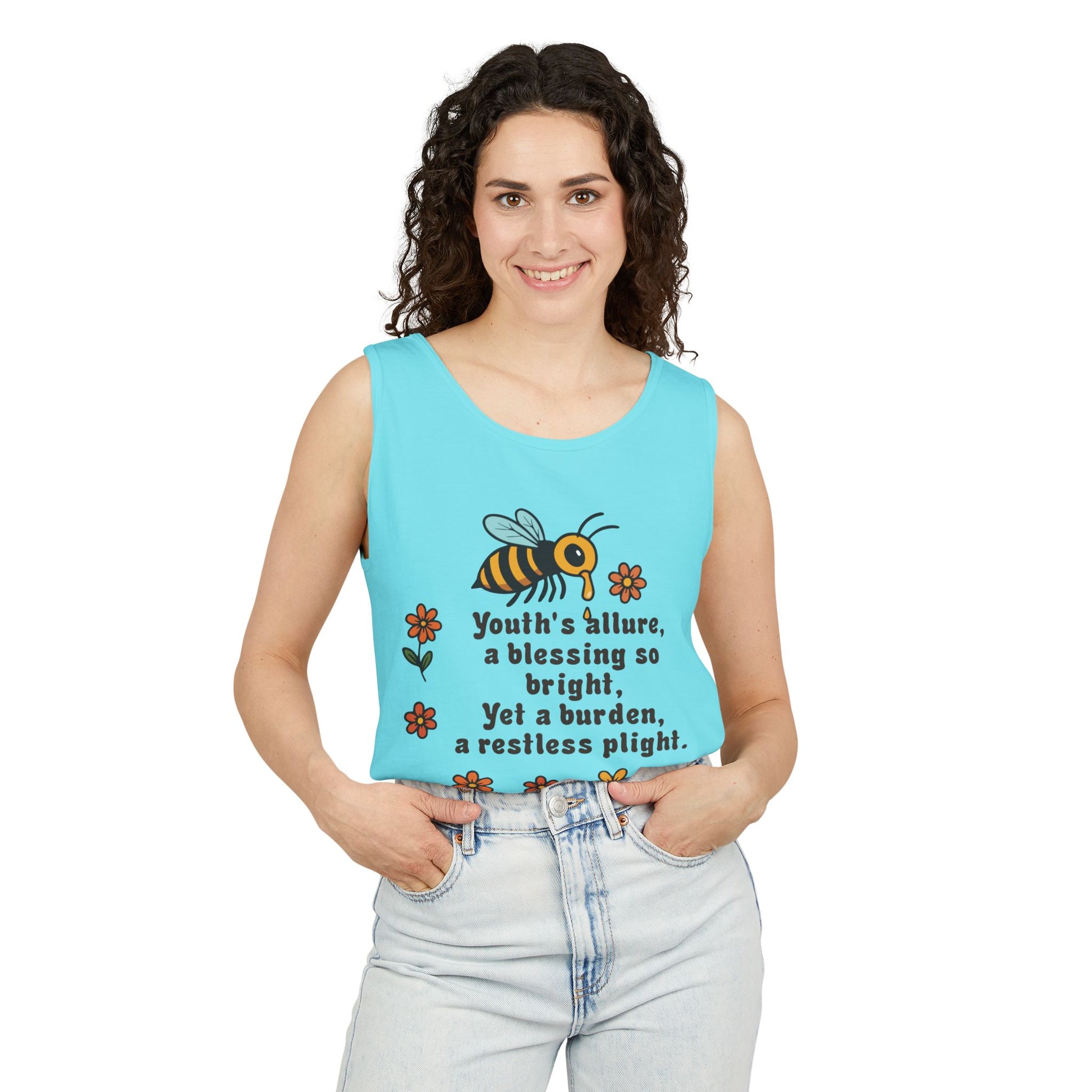 Bee-Inspired Garment-Dyed Tank Top, Youthful Vibe, Summer Wear, Gift for Her, Nature Lover's Apparel, Floral Design