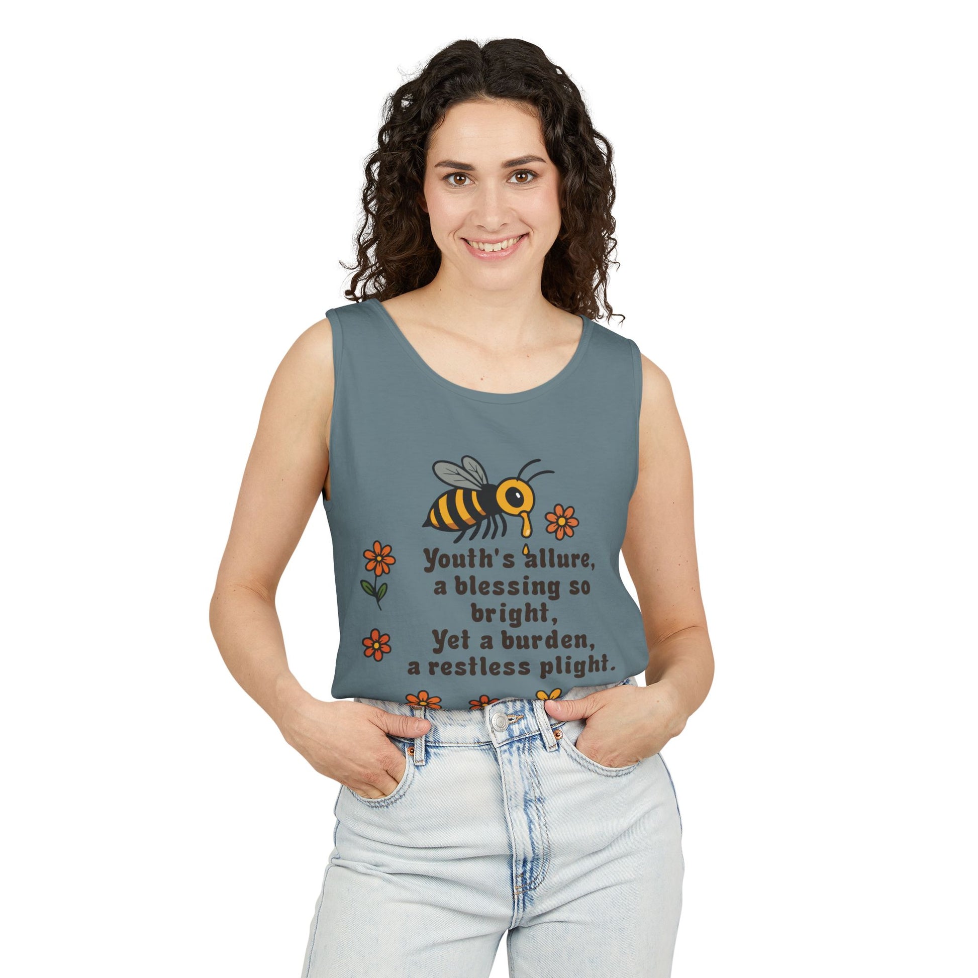 Bee-Inspired Garment-Dyed Tank Top, Youthful Vibe, Summer Wear, Gift for Her, Nature Lover's Apparel, Floral Design