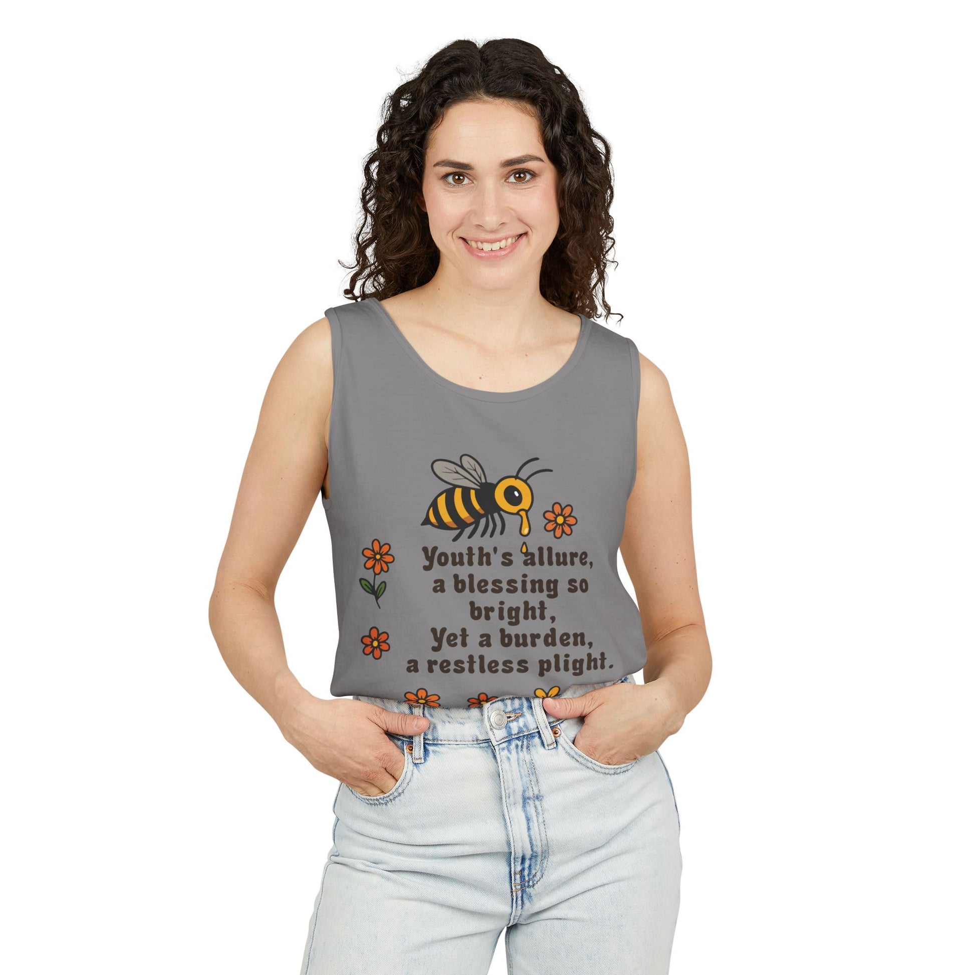 Bee-Inspired Garment-Dyed Tank Top, Youthful Vibe, Summer Wear, Gift for Her, Nature Lover's Apparel, Floral Design