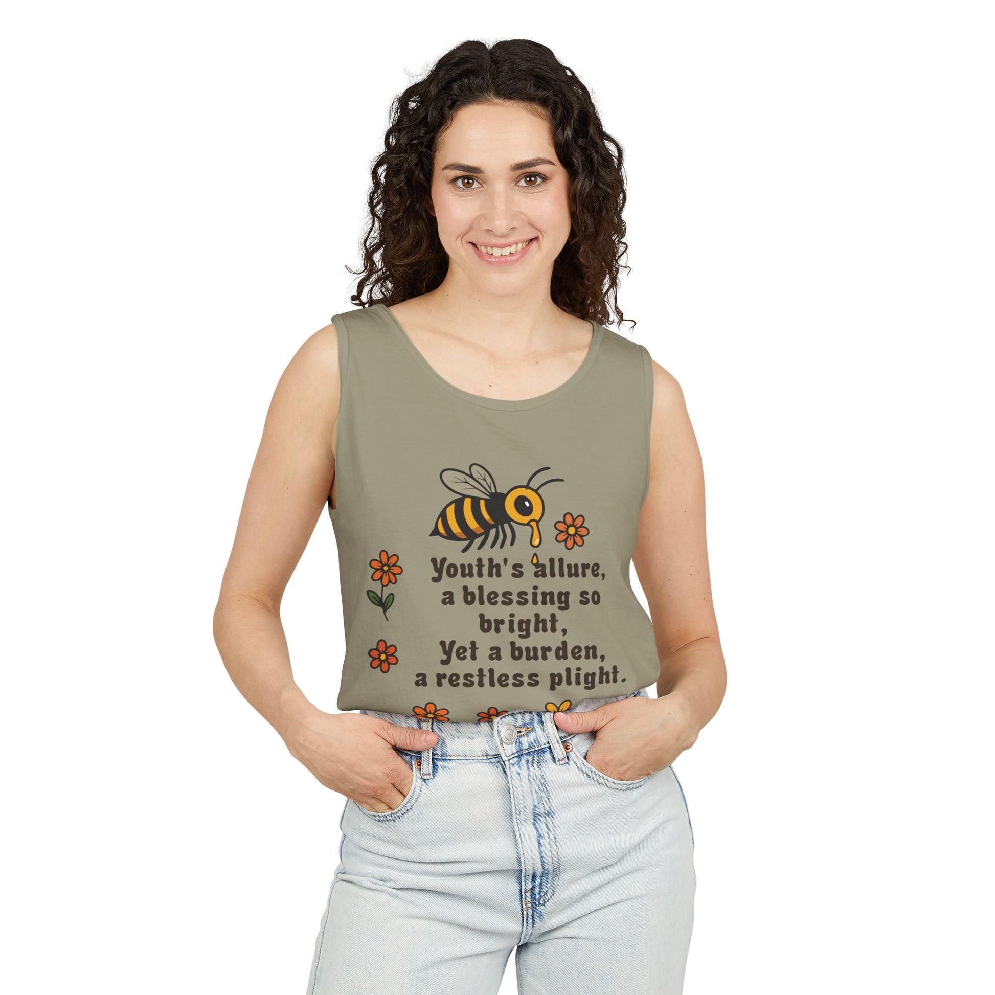 Bee-Inspired Garment-Dyed Tank Top, Youthful Vibe, Summer Wear, Gift for Her, Nature Lover's Apparel, Floral Design