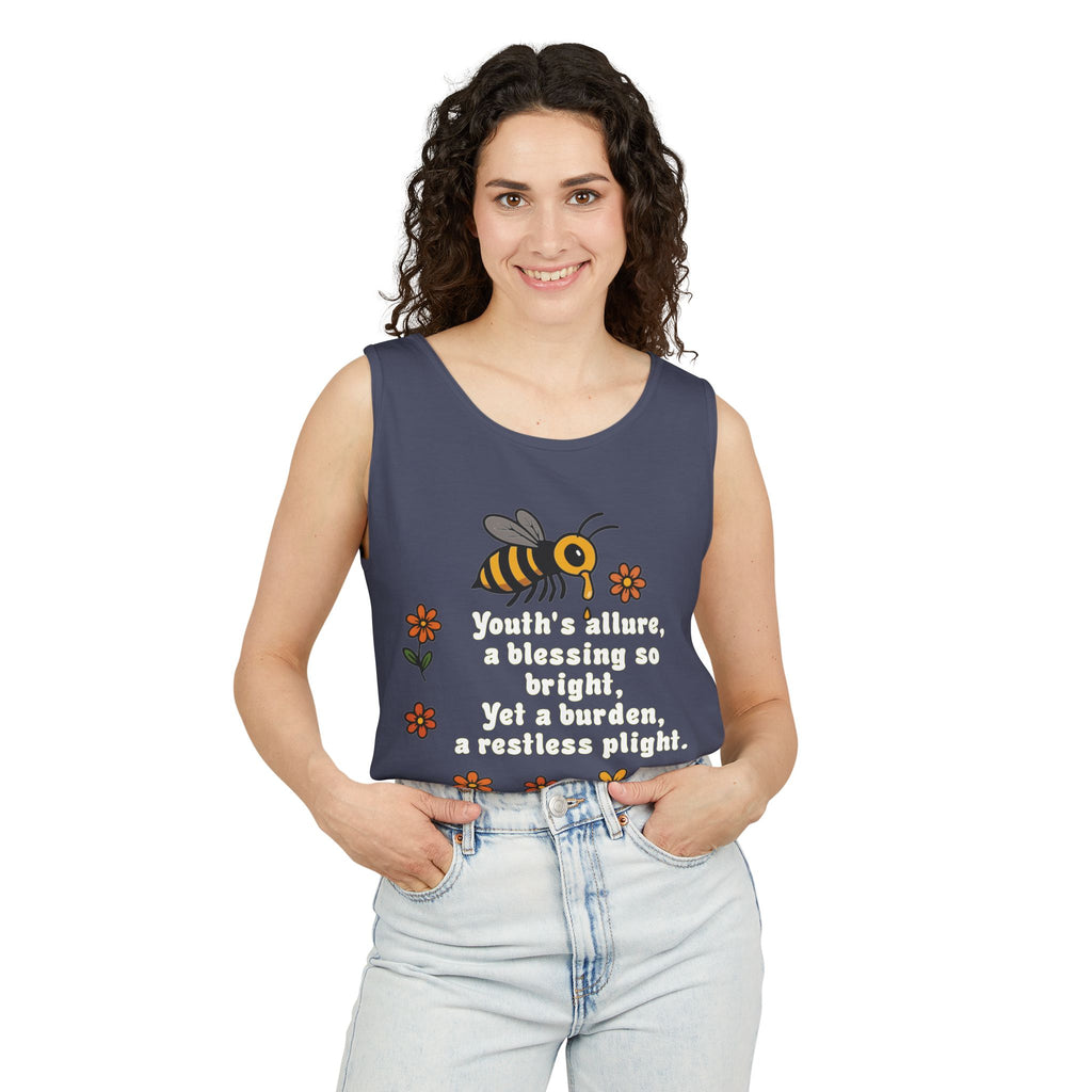 Bee-Inspired Garment-Dyed Tank Top, Youthful Vibe, Summer Wear, Gift for Her, Nature Lover's Apparel, Floral Design