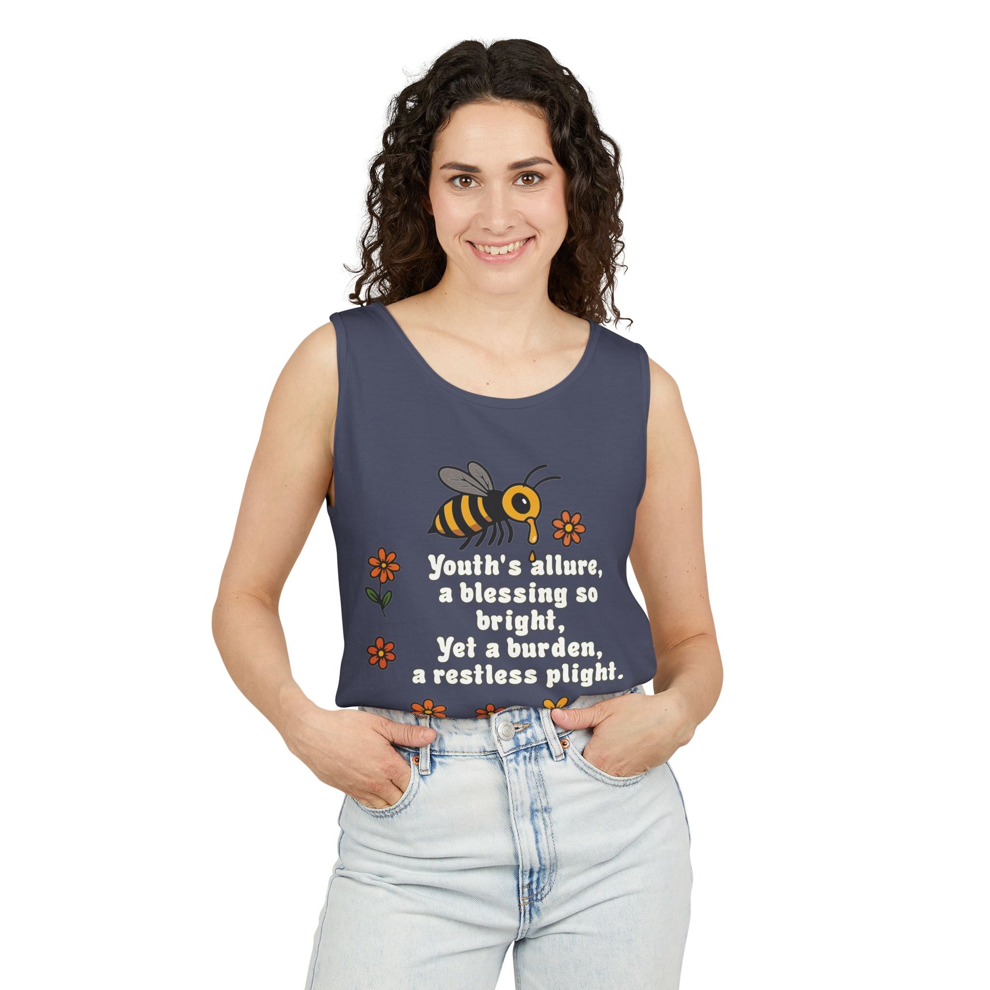 Bee-Inspired Garment-Dyed Tank Top, Youthful Vibe, Summer Wear, Gift for Her, Nature Lover's Apparel, Floral Design
