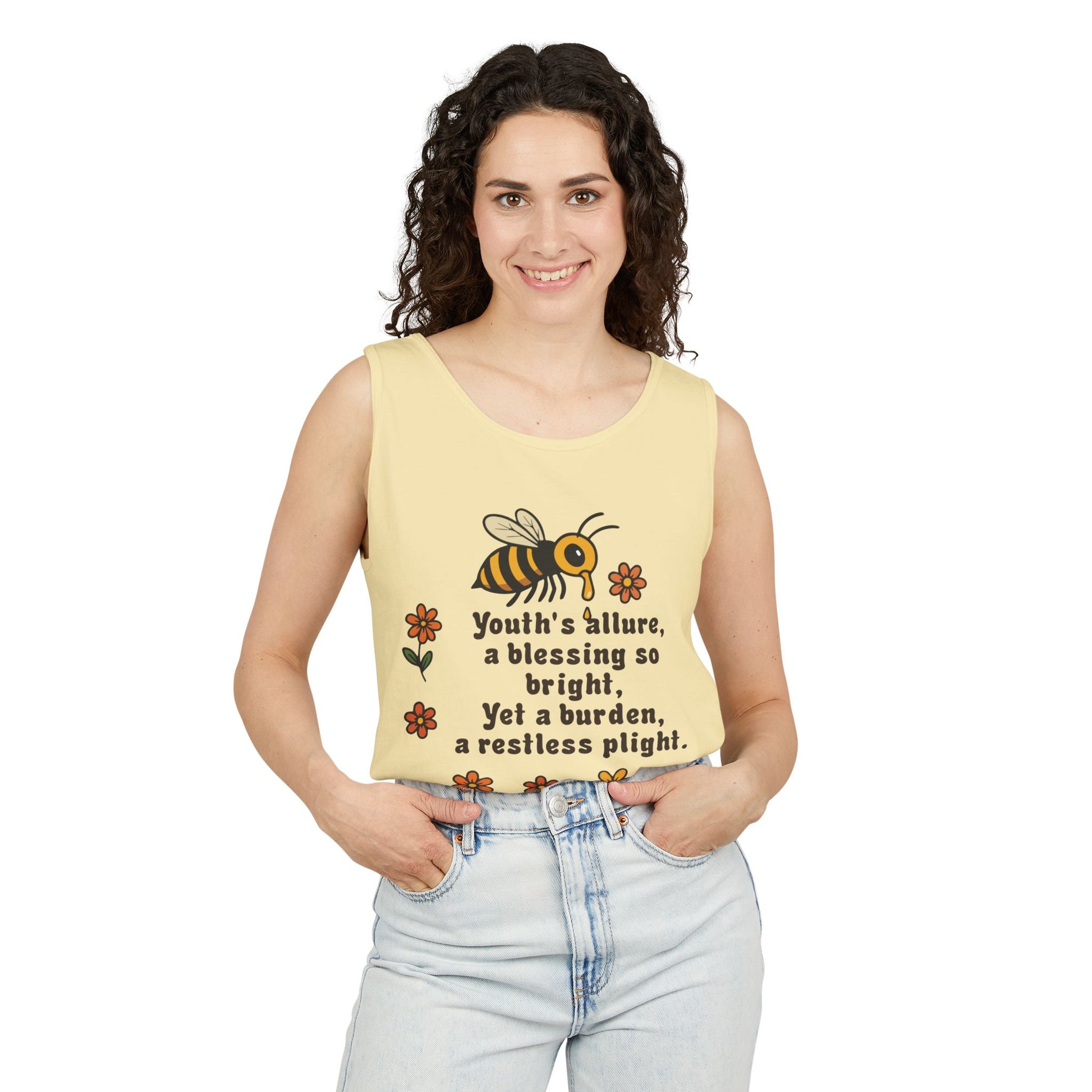 Bee-Inspired Garment-Dyed Tank Top, Youthful Vibe, Summer Wear, Gift for Her, Nature Lover's Apparel, Floral Design