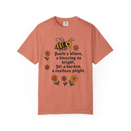 "Youth’s Allure" Bee & Blossom T-Shirt | Vintage-Inspired Poetic Tee | Nature Lover Gift | Spring Casual Wear | Unisex Comfort Colors Shirt