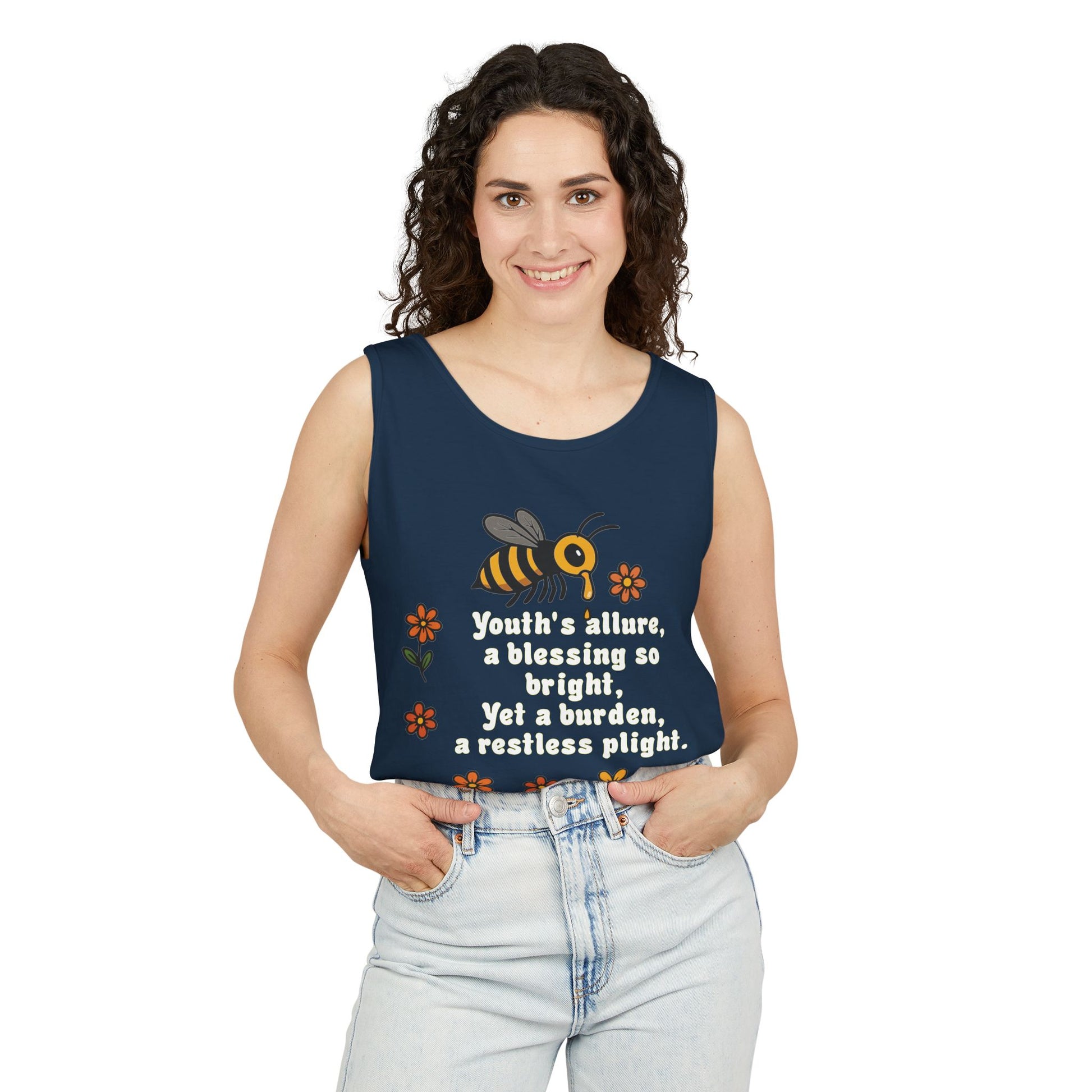 Bee-Inspired Garment-Dyed Tank Top, Youthful Vibe, Summer Wear, Gift for Her, Nature Lover's Apparel, Floral Design