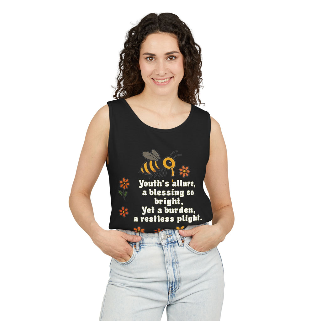 Bee-Inspired Garment-Dyed Tank Top, Youthful Vibe, Summer Wear, Gift for Her, Nature Lover's Apparel, Floral Design