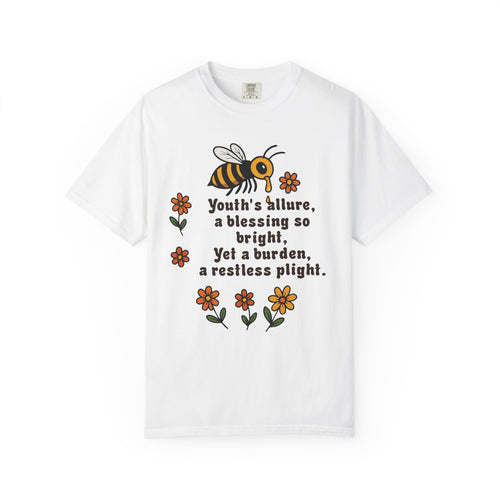 "Youth’s Allure" Bee & Blossom T-Shirt | Vintage-Inspired Poetic Tee | Nature Lover Gift | Spring Casual Wear | Unisex Comfort Colors Shirt