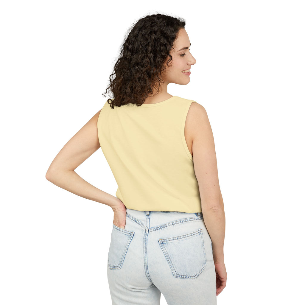Bee-Inspired Garment-Dyed Tank Top, Youthful Vibe, Summer Wear, Gift for Her, Nature Lover's Apparel, Floral Design